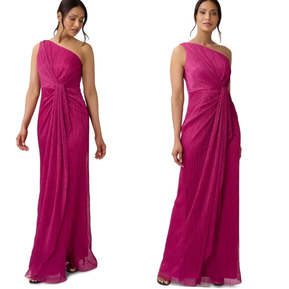 Adrianna Papell Stardust One Shoulder Metallic Pleated Sleeveless Ruched Gown - Picture 1 of 13